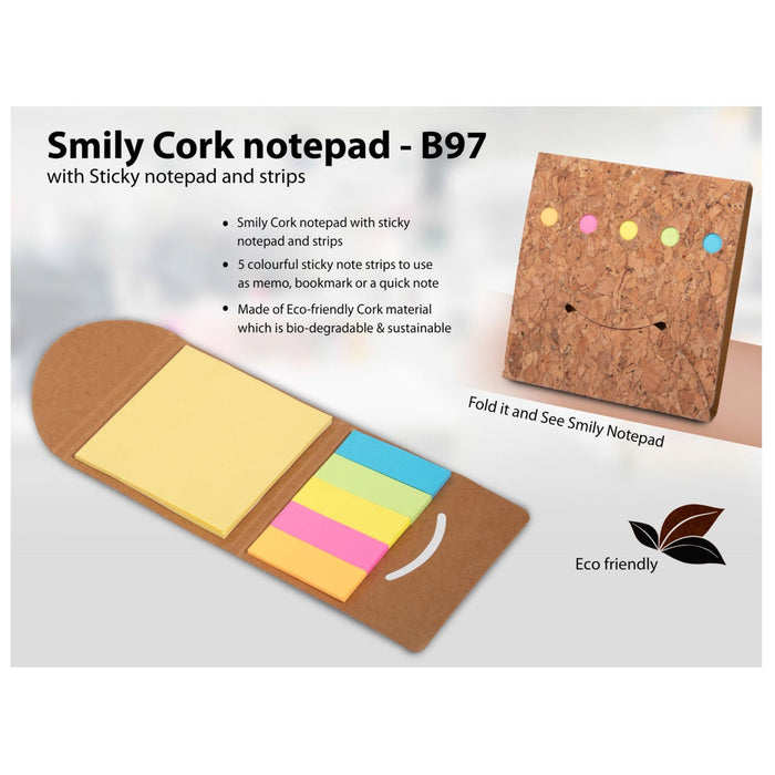 Smiley Cork Notepad With Sticky Notepad And Strips - B 97 - Mudramart Corporate Giftings