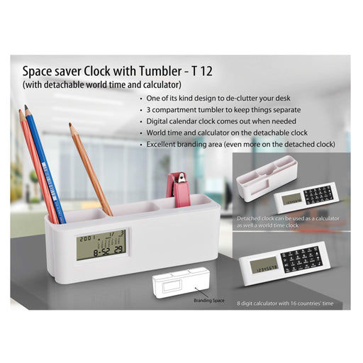 Space saver Clock with Tumbler - T 12 (with detachable wolrd time and calculator) - Mudramart Corporate Giftings