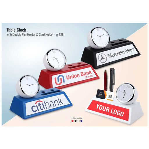 Table Clock with Double Pen Holder and Card Holder - A 128 - Mudramart Corporate Giftings