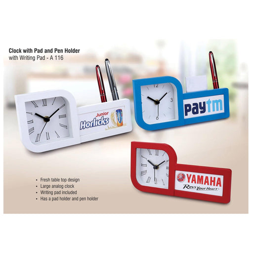 Table Clock with Pen and Writing Pad Holder - A 116 - Mudramart Corporate Giftings
