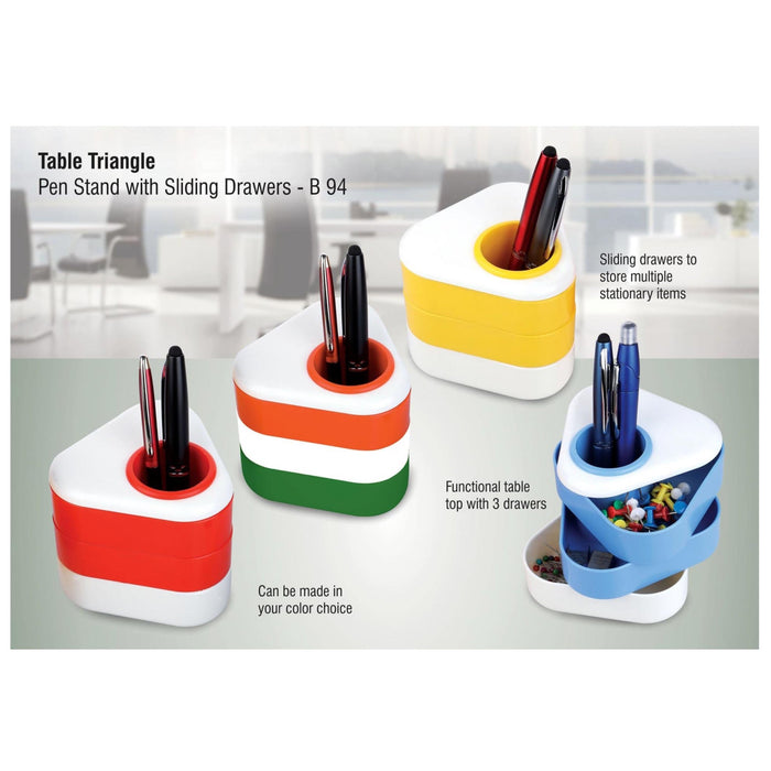 Table Triangle: Pen Stand With Sliding Drawers - B 94 - Mudramart Corporate Giftings
