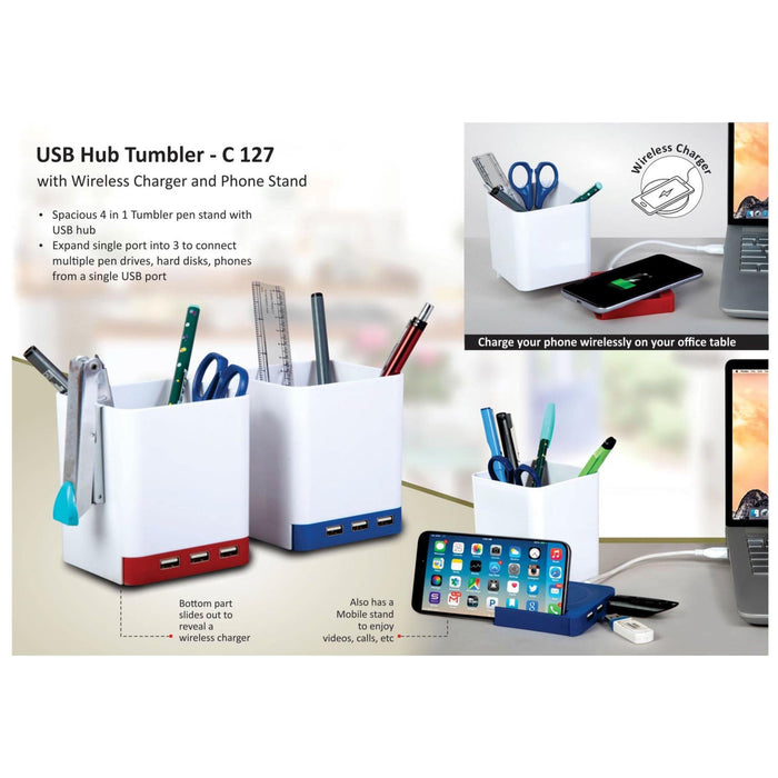USB Hub Tumbler With Wireless Charger And Phone Stand - C 127 - Mudramart Corporate Giftings