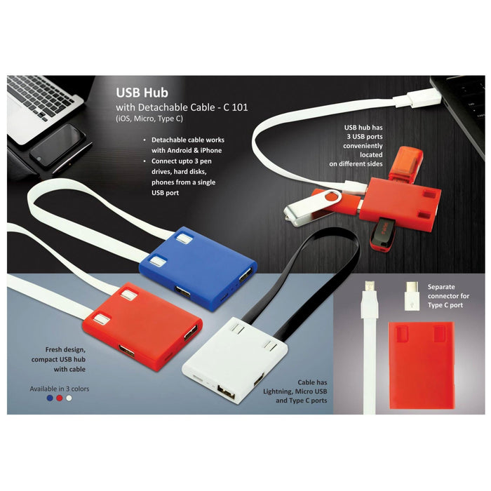 USB Hub With Detachable Cable (IOS, Micro, Type C) | 3 USB Ports - C 101 - Mudramart Corporate Giftings