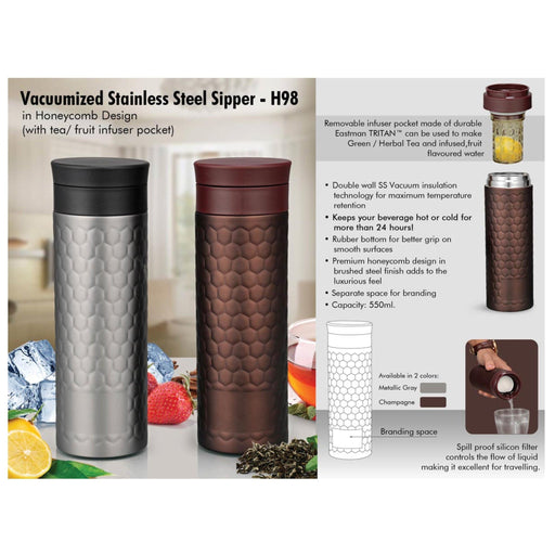 Vacuumized Tea/ Fruit Infuser SS Sipper In Honeycomb Design - 550 ml - H98 - Mudramart Corporate Giftings