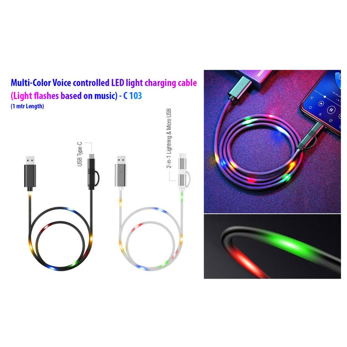 Voice Controlled LED Light Charging Cable (Multicolor) | Light Flashes Based On Music | 1 Mtr Length - C 103 - Mudramart Corporate Giftings