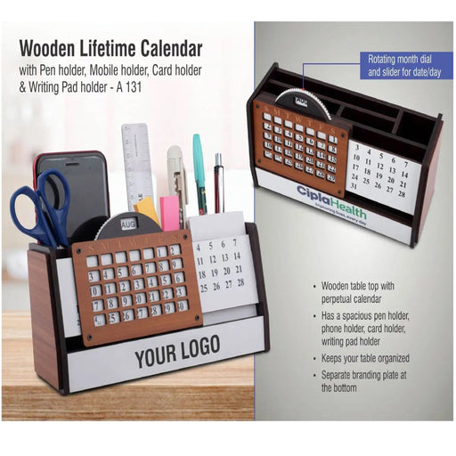 Wooden Lifetime calendar with Pen holder, Mobile holder, Card holder and Writing Pad holder - A 131 - Mudramart Corporate Giftings