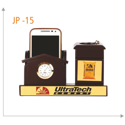 Wooden Pen Stand and Mobile Holder with Watch - JP 15 - Mudramart Corporate Giftings