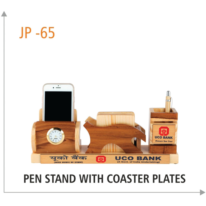 Wooden Pen Stand and Mobile Stand with Coaster Plates - JP 65 - Mudramart Corporate Giftings