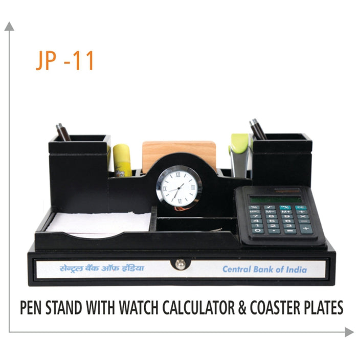 Wooden Pen Stand with Watch, Calculator & Coaster Plates - JP 11 - Mudramart Corporate Giftings