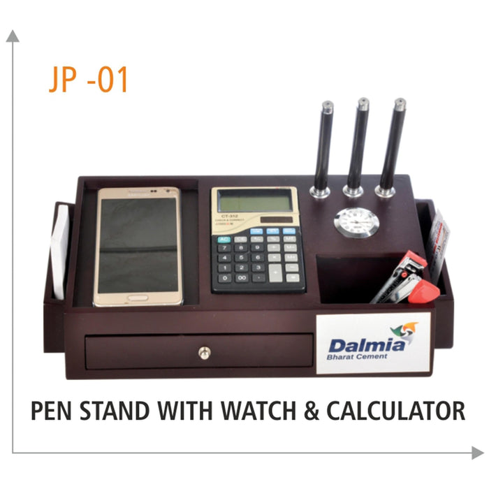 Wooden Pen Stand with Watch & Calculator - JP 01 - Mudramart Corporate Giftings