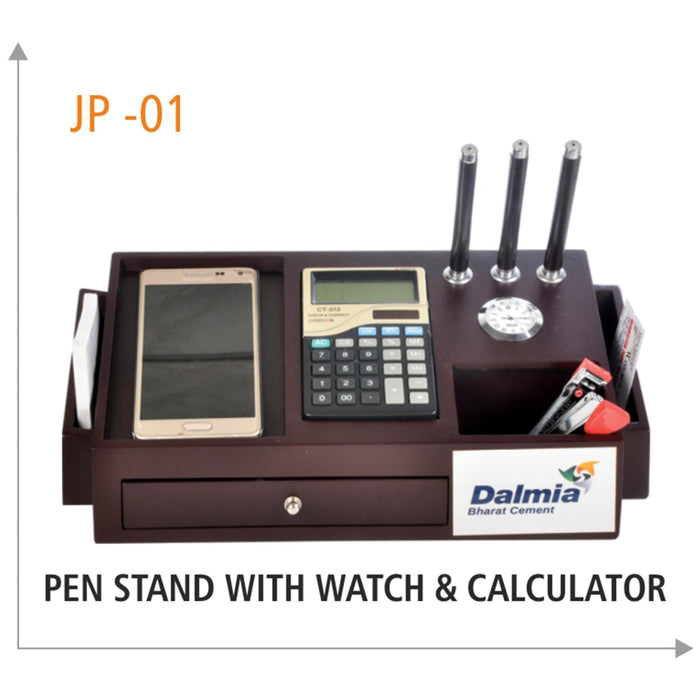Wooden Pen Stand with Watch Calculator JP 01 — Mudramart