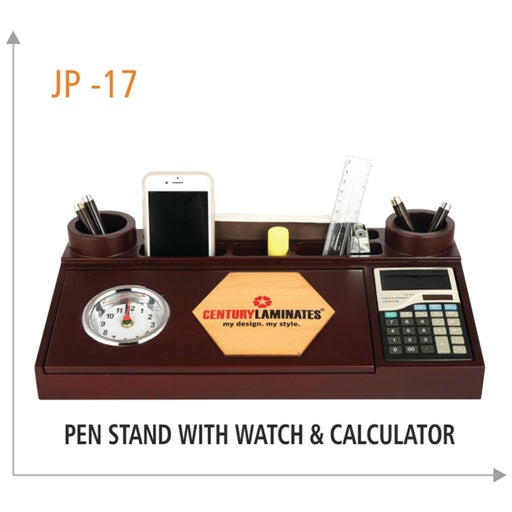 Wooden Pen Stand with Watch & Calculator - JP 17 - Mudramart Corporate Giftings