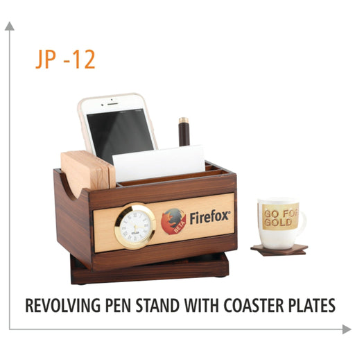 Wooden Revolving Pen Stand with Coaster Plates - JP 12 - Mudramart Corporate Giftings