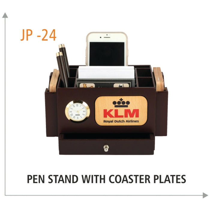 Wooden Revolving Pen Stand with Coaster Plates - JP 24 - Mudramart Corporate Giftings
