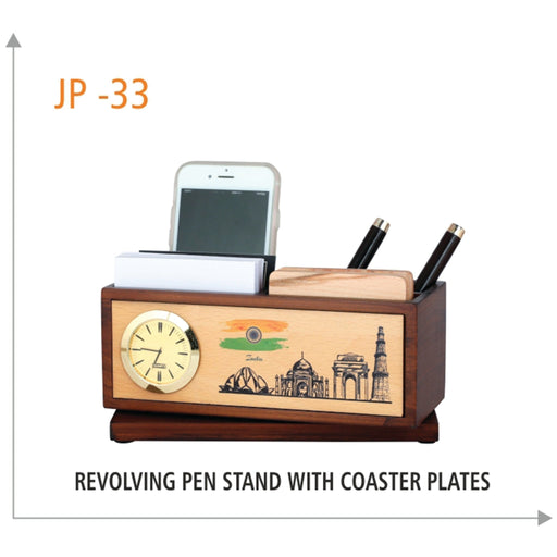 Wooden Revolving Pen Stand with Coasting Plates - JP 33 - Mudramart Corporate Giftings