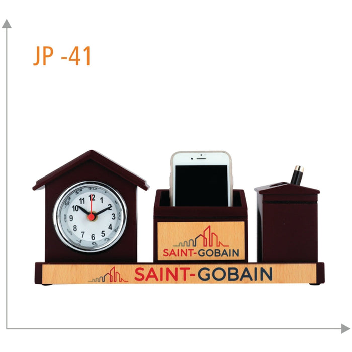 Wooden Table Clock With Pen Stand & Mobile Holder - JP 41 - Mudramart Corporate Giftings