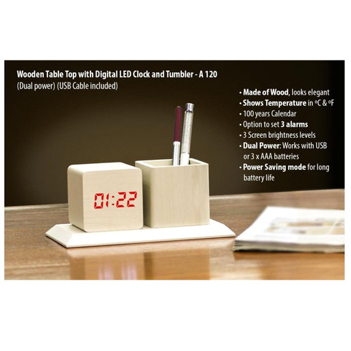 Wooden Tabletop with Digital LED Clock and Tumbler - A 120 - Mudramart Corporate Giftings